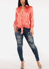 Stretch Satin Deep V-Neck Collared Blouse Salmon