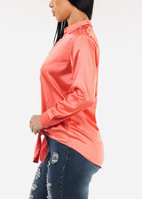 Stretch Satin Deep V-Neck Collared Blouse Salmon