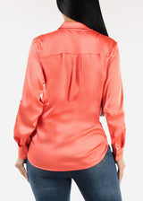 Stretch Satin Deep V-Neck Collared Blouse Salmon