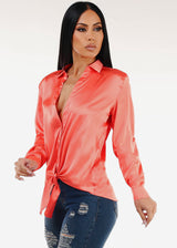 Stretch Satin Deep V-Neck Collared Blouse Salmon