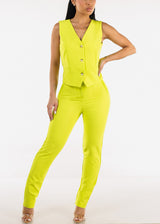 Sleeveless Vneck Button Up Dressy Vest Neon Lime