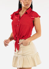 Short Sleeve Front Tie Polka Dot Blouse Red