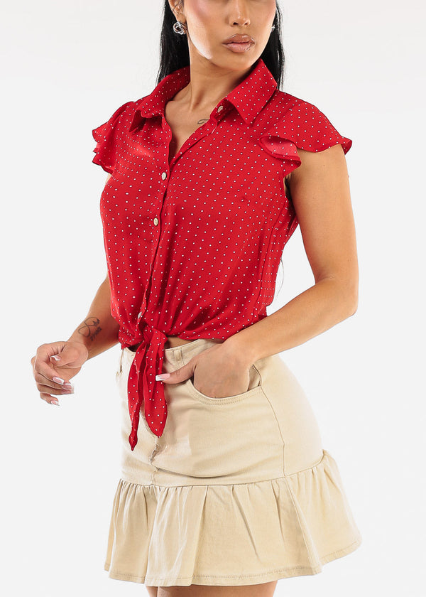 Short Sleeve Front Tie Polka Dot Blouse Red