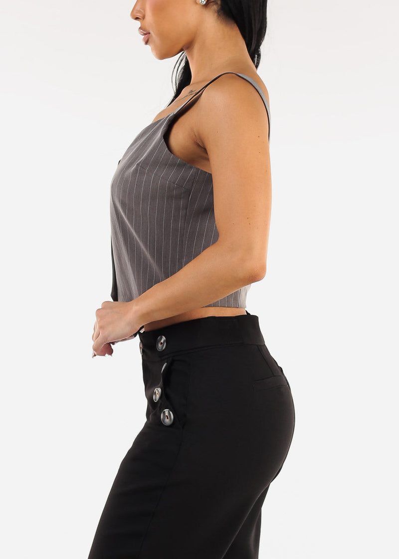 Sleeveless  Button Up Stripe Vest Top Grey