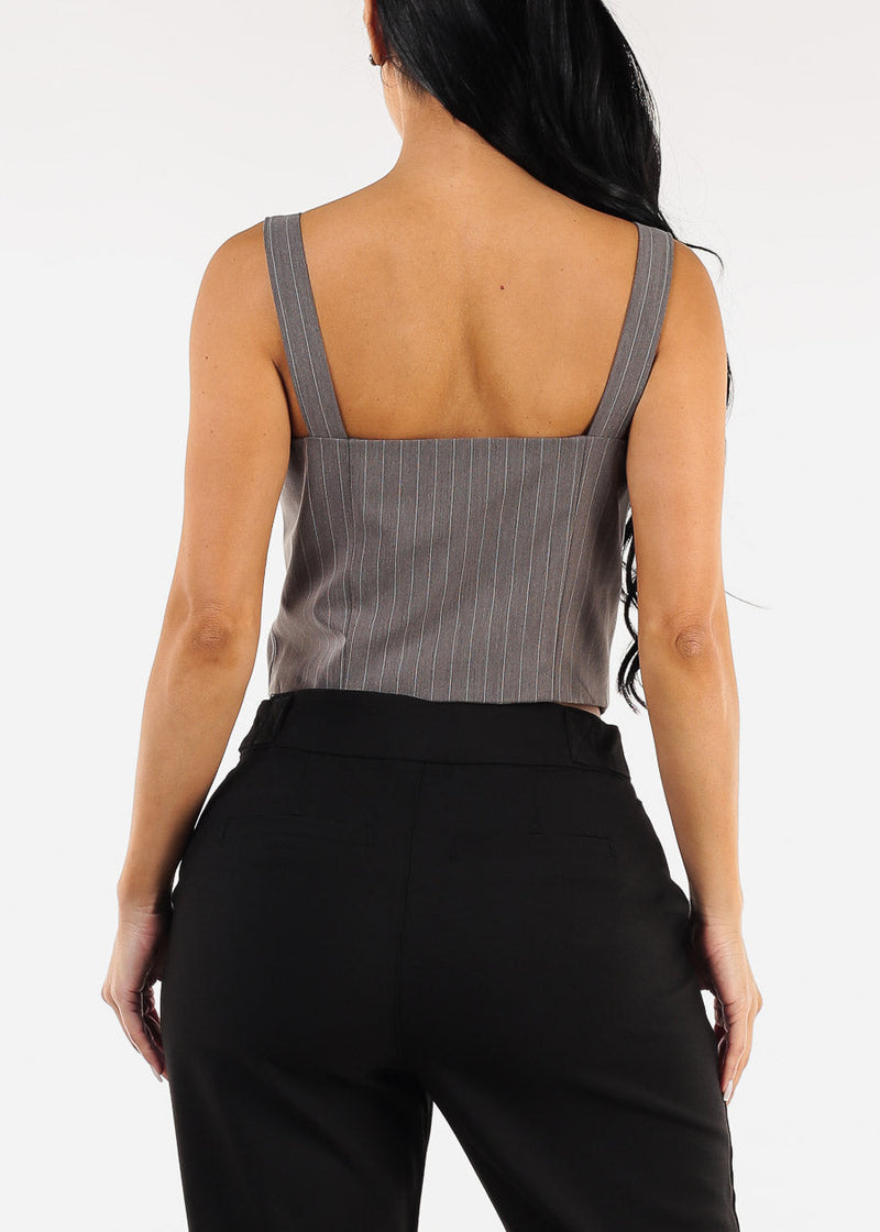 Sleeveless  Button Up Stripe Vest Top Grey