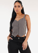 Sleeveless  Button Up Stripe Vest Top Grey