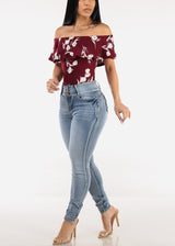 Off Shoulder Floral Bodysuit Burgundy