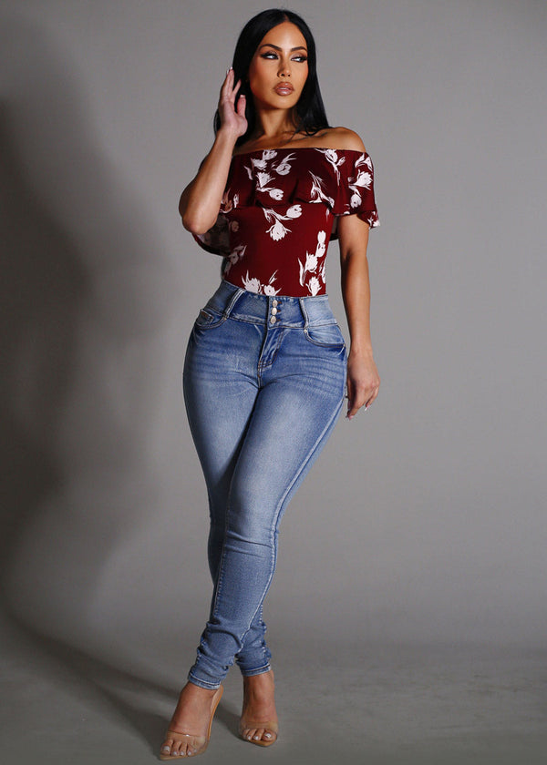 Off Shoulder Floral Bodysuit Burgundy
