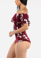 Off Shoulder Floral Bodysuit Burgundy