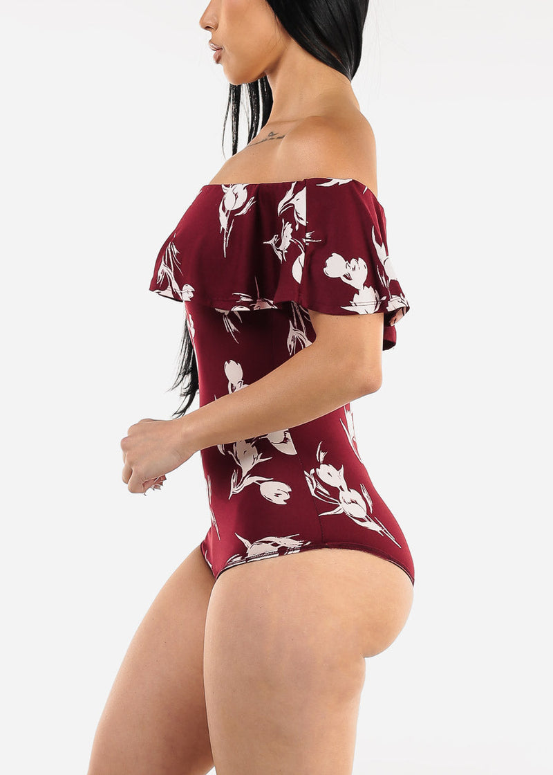 Off Shoulder Floral Bodysuit Burgundy
