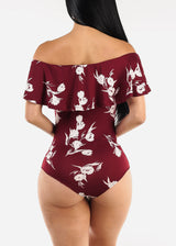 Off Shoulder Floral Bodysuit Burgundy
