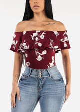 Off Shoulder Floral Bodysuit Burgundy