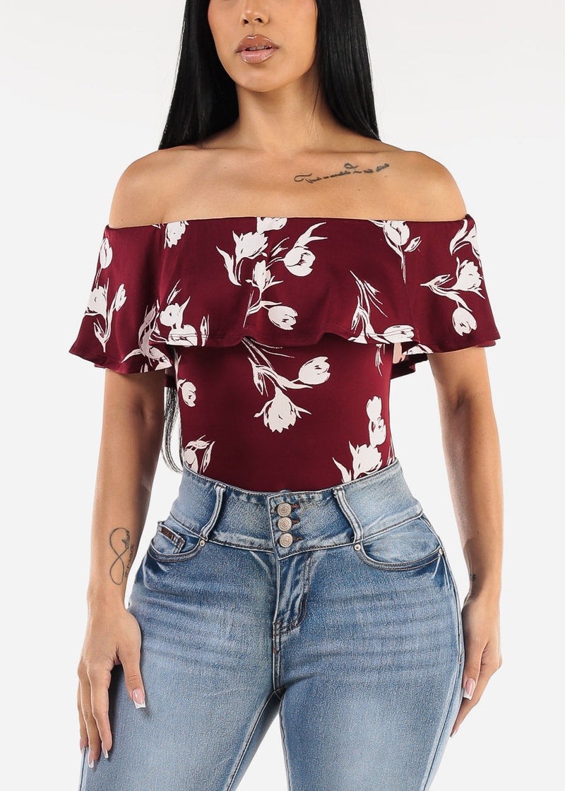 Off Shoulder Floral Bodysuit Burgundy