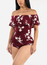 Off Shoulder Floral Bodysuit Burgundy