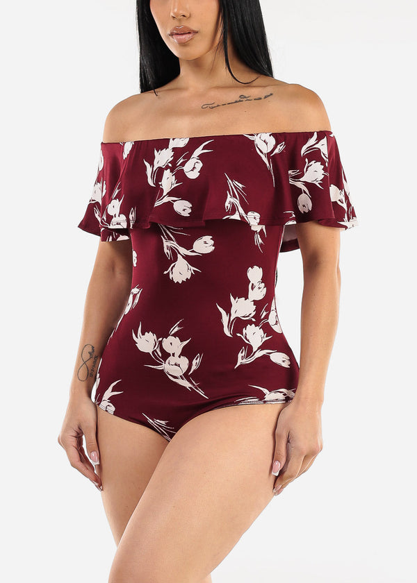 Off Shoulder Floral Bodysuit Burgundy