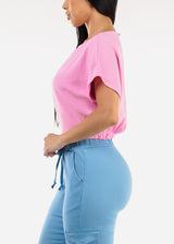 Short Dolman Sleeve Round Neckline Blouse Pink