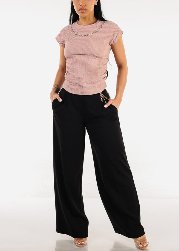 Stretchy Short Sleeve Ruched Blouse Pink w Necklace