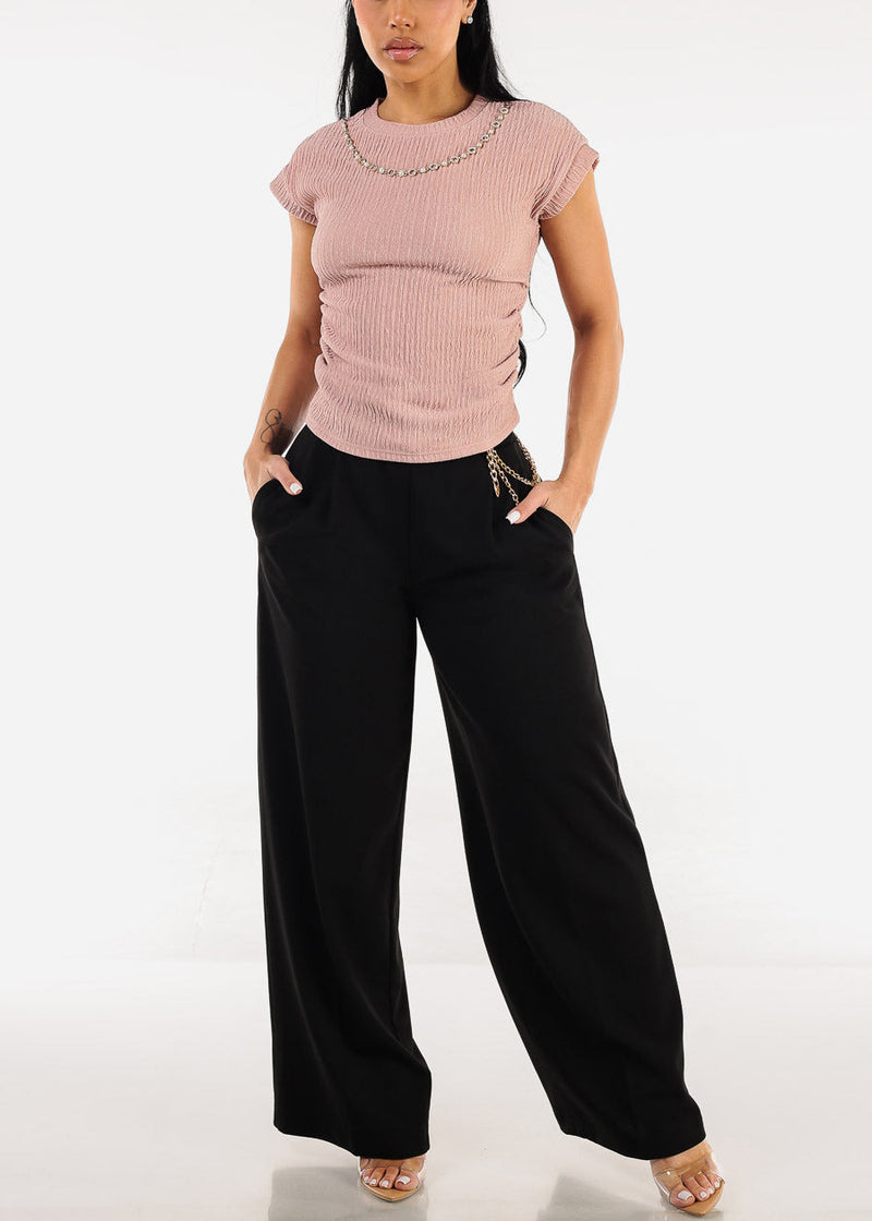 Stretchy Short Sleeve Ruched Blouse Pink w Necklace