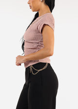 Stretchy Short Sleeve Ruched Blouse Pink w Necklace