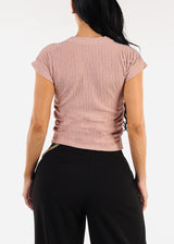 Stretchy Short Sleeve Ruched Blouse Pink w Necklace