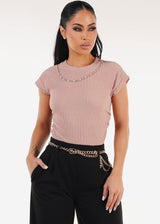 Stretchy Short Sleeve Ruched Blouse Pink w Necklace