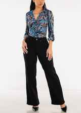 Mesh Ruched Long Sleeve Printed Blouse Blue