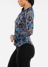 Mesh Ruched Long Sleeve Printed Blouse Blue