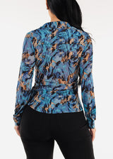 Mesh Ruched Long Sleeve Printed Blouse Blue