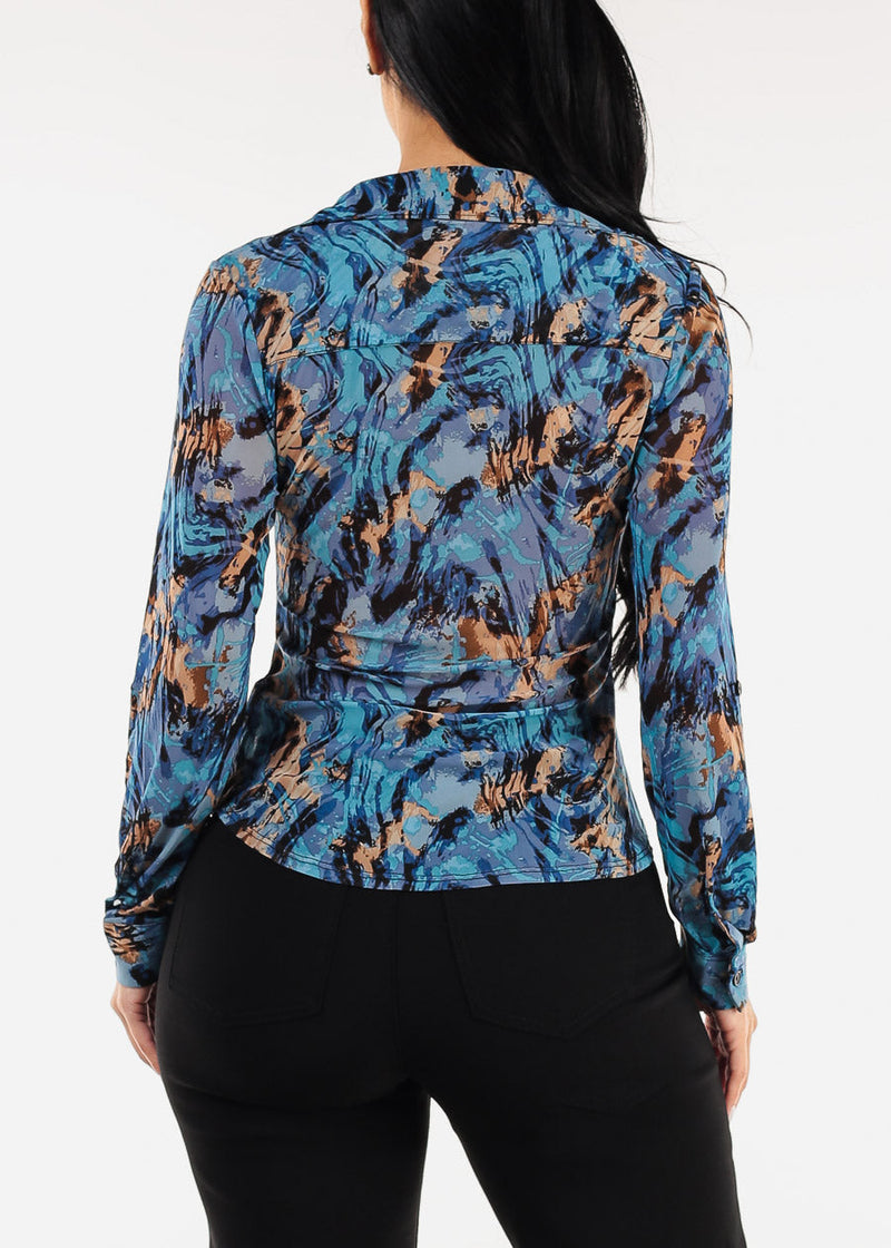 Mesh Ruched Long Sleeve Printed Blouse Blue