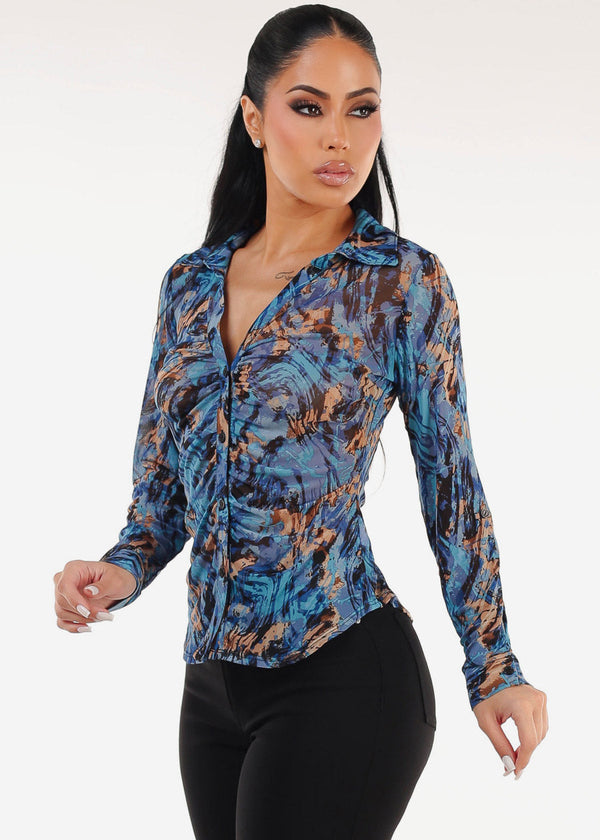 Mesh Ruched Long Sleeve Printed Blouse Blue