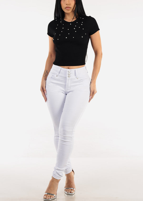 Black Short Sleeve Ribbed Top w Rhinestones