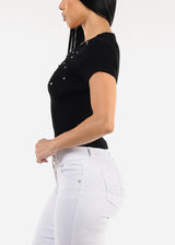 Black Short Sleeve Ribbed Top w Rhinestones