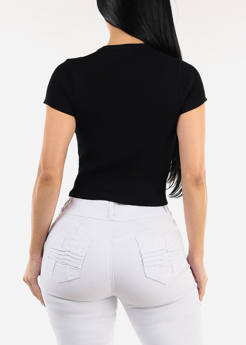Black Short Sleeve Ribbed Top w Rhinestones