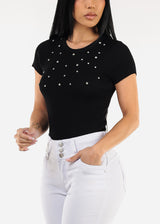 Black Short Sleeve Ribbed Top w Rhinestones