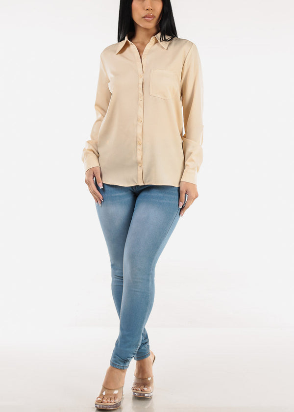Long Sleeve Button Down Twill Collared Blouse Beige