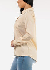 Long Sleeve Button Down Twill Collared Blouse Beige