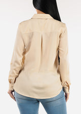 Long Sleeve Button Down Twill Collared Blouse Beige