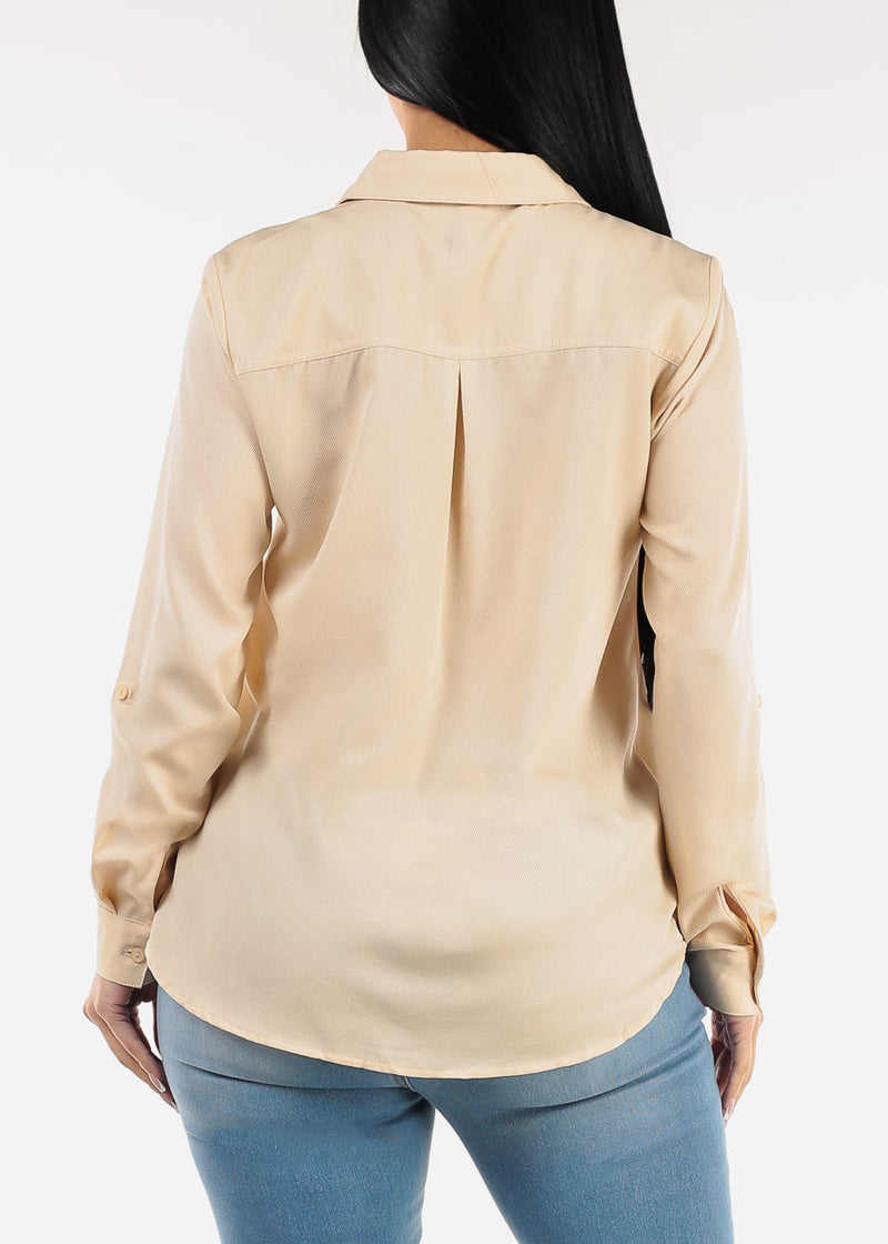 Long Sleeve Button Down Twill Collared Blouse Beige