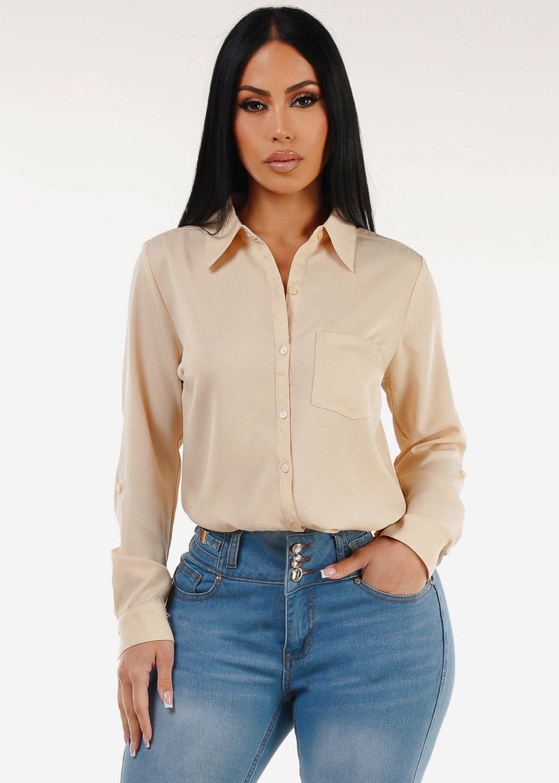 Long Sleeve Button Down Twill Collared Blouse Beige