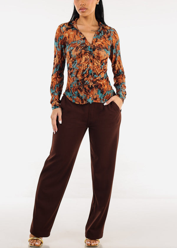 Mesh Ruched Long Sleeve Printed Blouse Rust