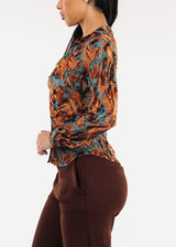 Mesh Ruched Long Sleeve Printed Blouse Rust