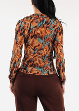 Mesh Ruched Long Sleeve Printed Blouse Rust