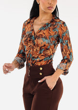 Mesh Ruched Long Sleeve Printed Blouse Rust