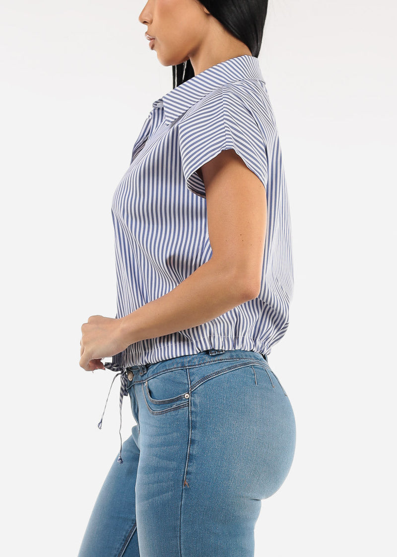 Short Sleeve Stripe Button Up Blouse Navy