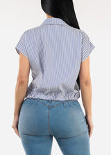 Short Sleeve Stripe Button Up Blouse Navy