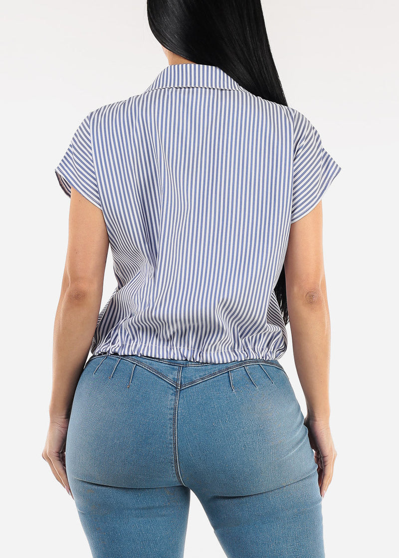 Short Sleeve Stripe Button Up Blouse Navy
