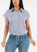 Short Sleeve Stripe Button Up Blouse Navy