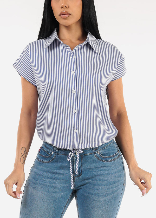 Short Sleeve Stripe Button Up Blouse Navy