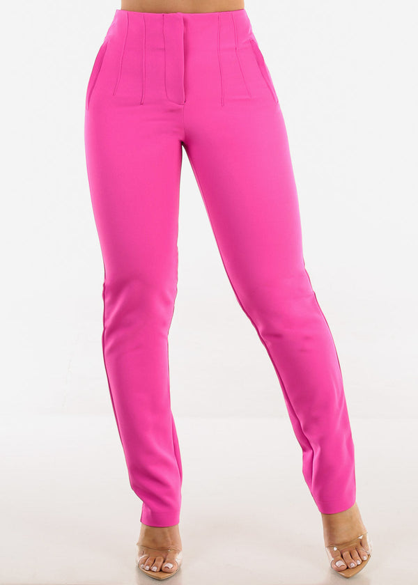 Super High Waist Straight Leg Dressy Pants Hot Pink