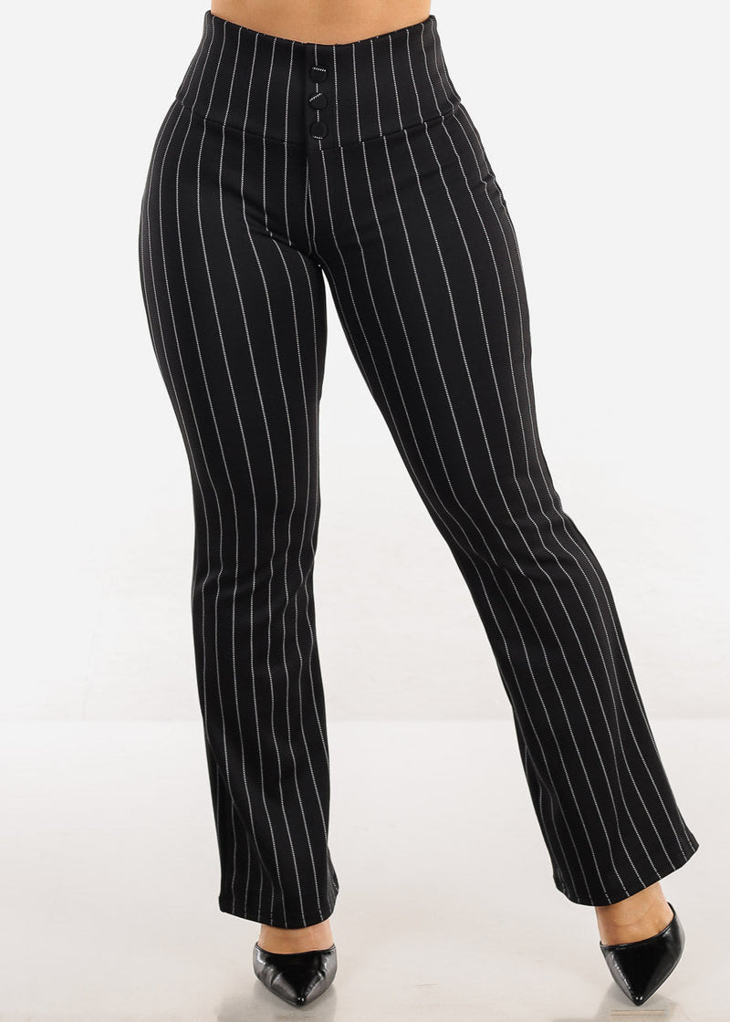 Butt Lift Stretchy High Waist Stripe Dressy Bootcut Pants Black